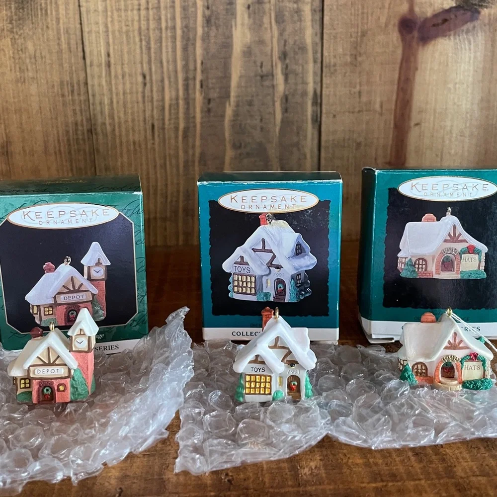 Hallmark Old English Village Ornament Bundle 1990's #10 Depot #7 Hats #6 Toys